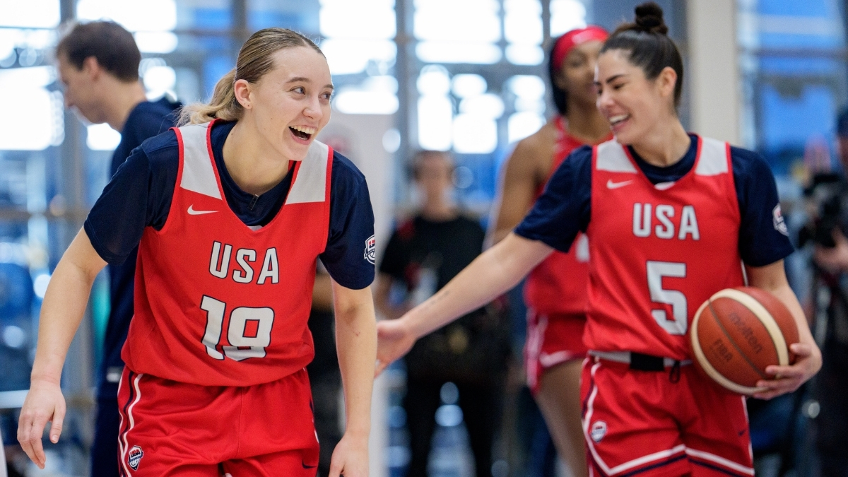 WNBA: Paige Bueckers and Kelsey Plum react during the United States Women’s Basketball Team training camp at Duke University.
