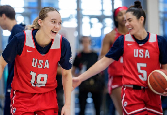 WNBA: Paige Bueckers and Kelsey Plum react during the United States Women’s Basketball Team training camp at Duke University.