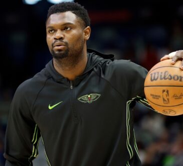Zion Williamson of the New Orleans Pelicans warms up at Smoothie King Center before a game against the Houston Rockets.