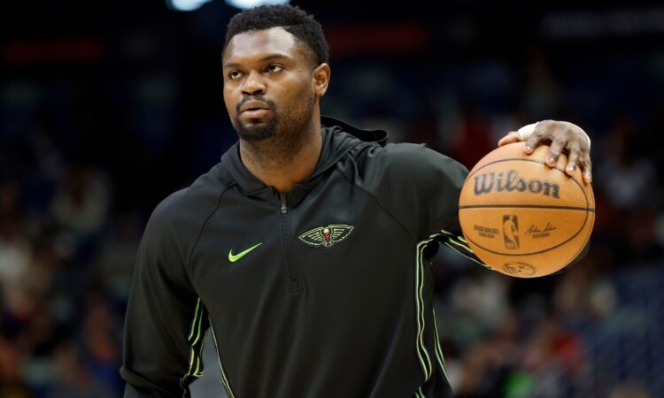 Zion Williamson of the New Orleans Pelicans warms up at Smoothie King Center before a game against the Houston Rockets.