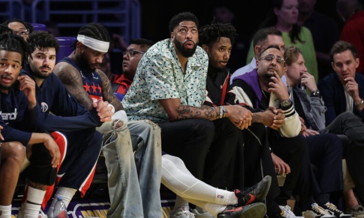 Washington Wizards forward Anthony Davis on the bench during his return to Crypto.com Arena against the Los Angeles Lakers on March 30, 2026.
