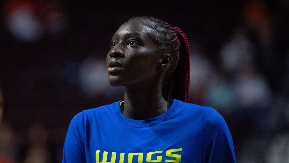 Awak Kuier #28 of the Dallas Wings during warmups before a WNBA Playoff game against the Connecticut Sun at Mohegan Sun Arena.