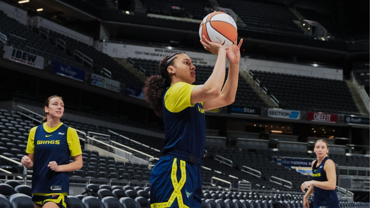 Dallas Wings rookie Azzi Fudd getting shots up during gameday shootaround at Gainbridge Fieldhouse.