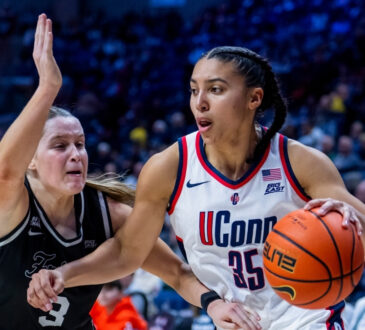 Azzi Fudd #35 of the UConn Huskies drives to the basket against Orlagh Gormley #3 of the Providence Friars during a game in Storrs.