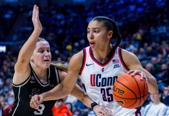 Azzi Fudd #35 of the UConn Huskies drives to the basket against Orlagh Gormley #3 of the Providence Friars during a game in Storrs.