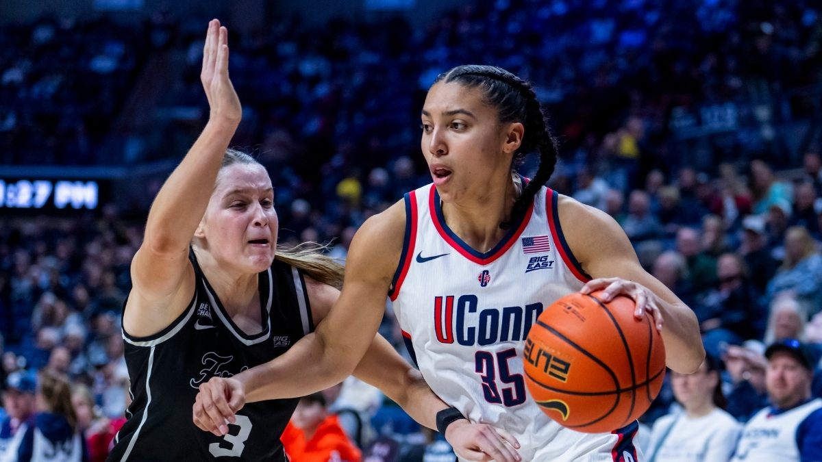 Azzi Fudd #35 of the UConn Huskies drives to the basket against Orlagh Gormley #3 of the Providence Friars during a game in Storrs.