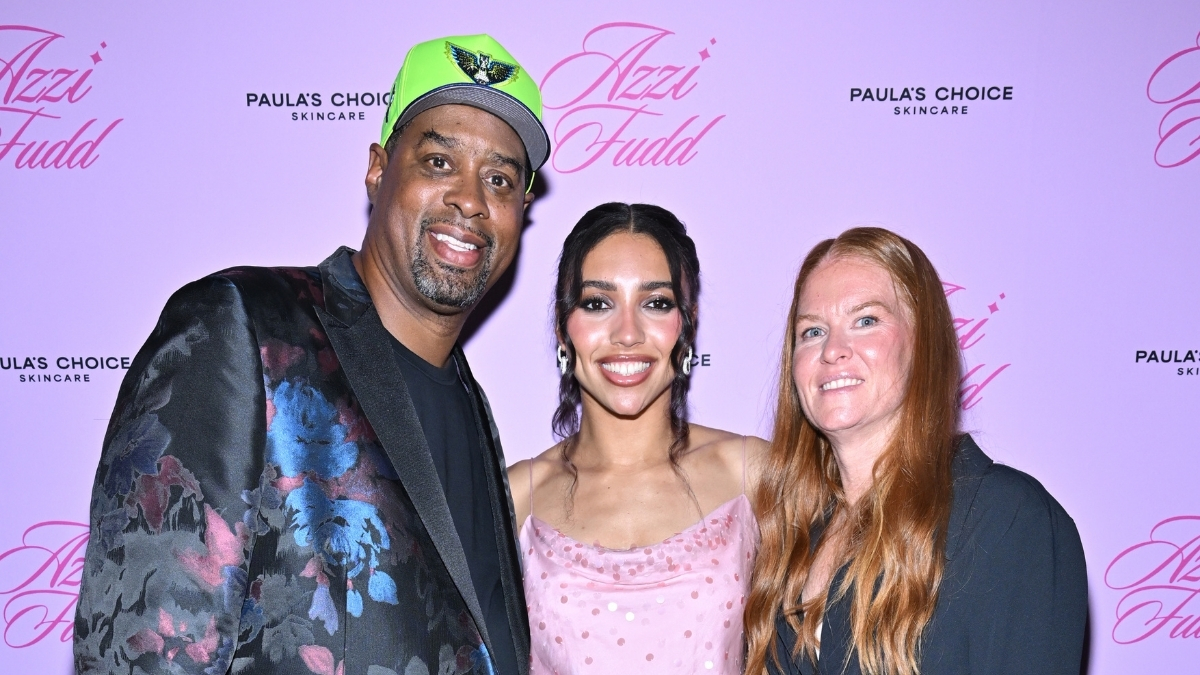 Azzi Fudd posing with her parents, Tim Fudd and Katie Smrcka-Duffy Fudd, at her 2026 WNBA Draft after-party in New York City.