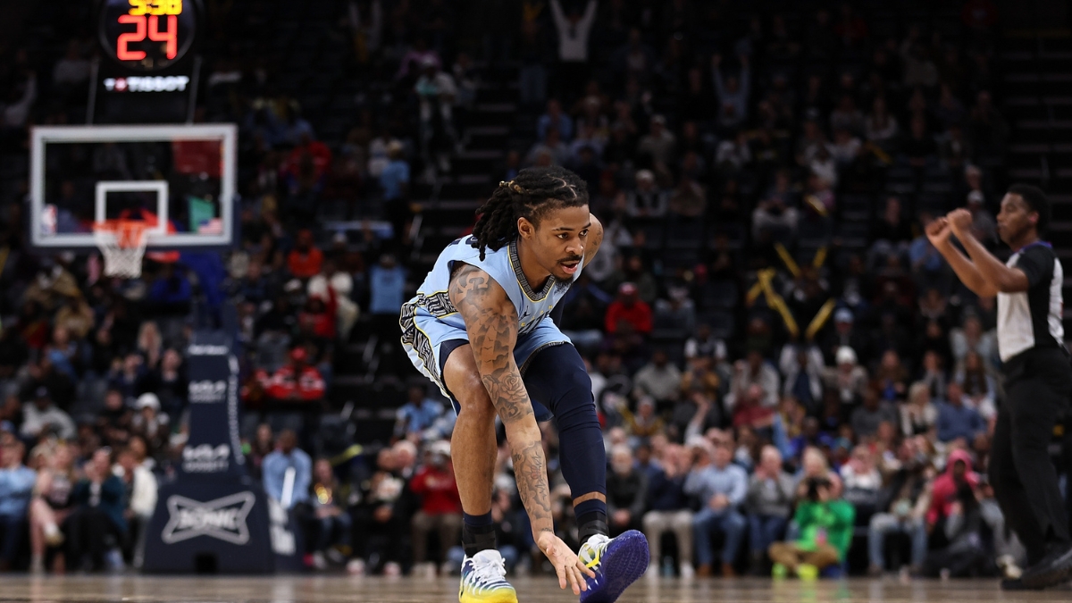 Ja Morant #12 of the Memphis Grizzlies reacting during a game against the Atlanta Hawks at FedExForum on January 21, 2026.