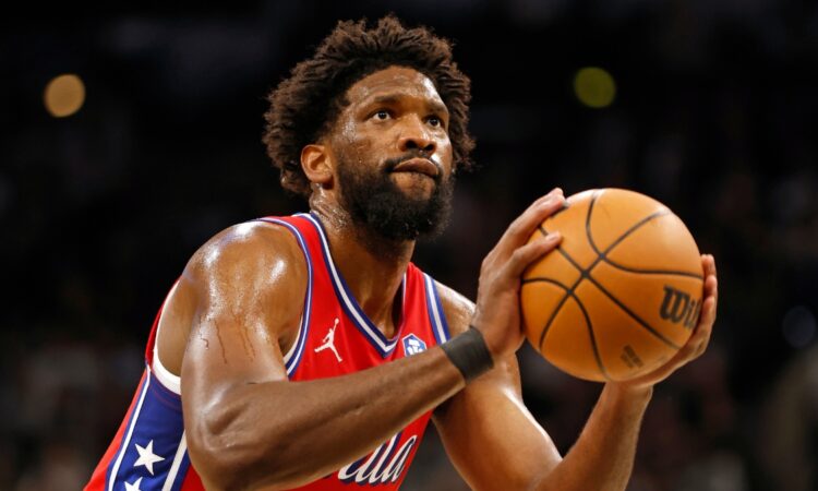 Joel Embiid #21 of the Philadelphia 76ers takes a foul shot during a game against the San Antonio Spurs at Frost Bank Center on April 6, 2026.