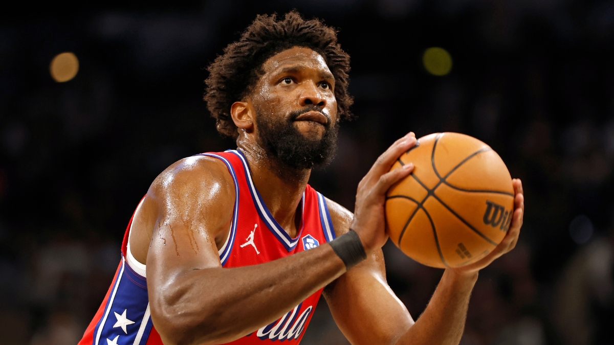 Joel Embiid #21 of the Philadelphia 76ers takes a foul shot during a game against the San Antonio Spurs at Frost Bank Center on April 6, 2026.
