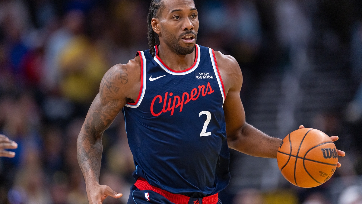 Kawhi Leonard #2 of the LA Clippers brings the ball up court during a game against the Indiana Pacers at Gainbridge Fieldhouse on March 27, 2026.