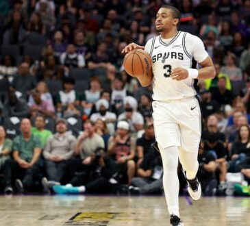 Keldon Johnson #3 of the San Antonio Spurs dribbles the ball during a game against the Sacramento Kings at Golden 1 Center on March 17, 2026.