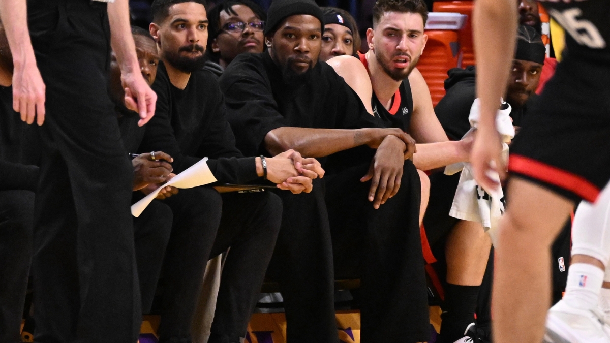 Kevin Durant of the Houston Rockets looks on from the bench during Game 1 of the Western Conference first-round playoffs against the Los Angeles Lakers at Crypto.com Arena on April 18, 2026.