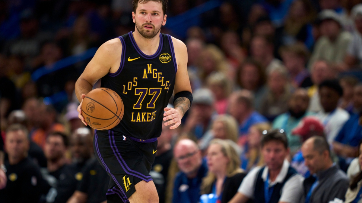 Luka Doncic #77 of the Los Angeles Lakers brings the ball up the court during a game against the Oklahoma City Thunder at Paycom Center on April 2, 2026.