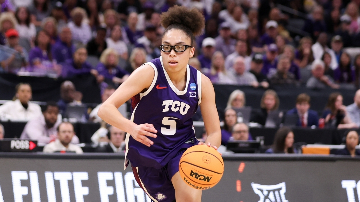 Olivia Miles #5 of the TCU Horned Frogs dribbles up the court during the Elite Eight round of the 2026 NCAA Women's Basketball Tournament in Sacramento.