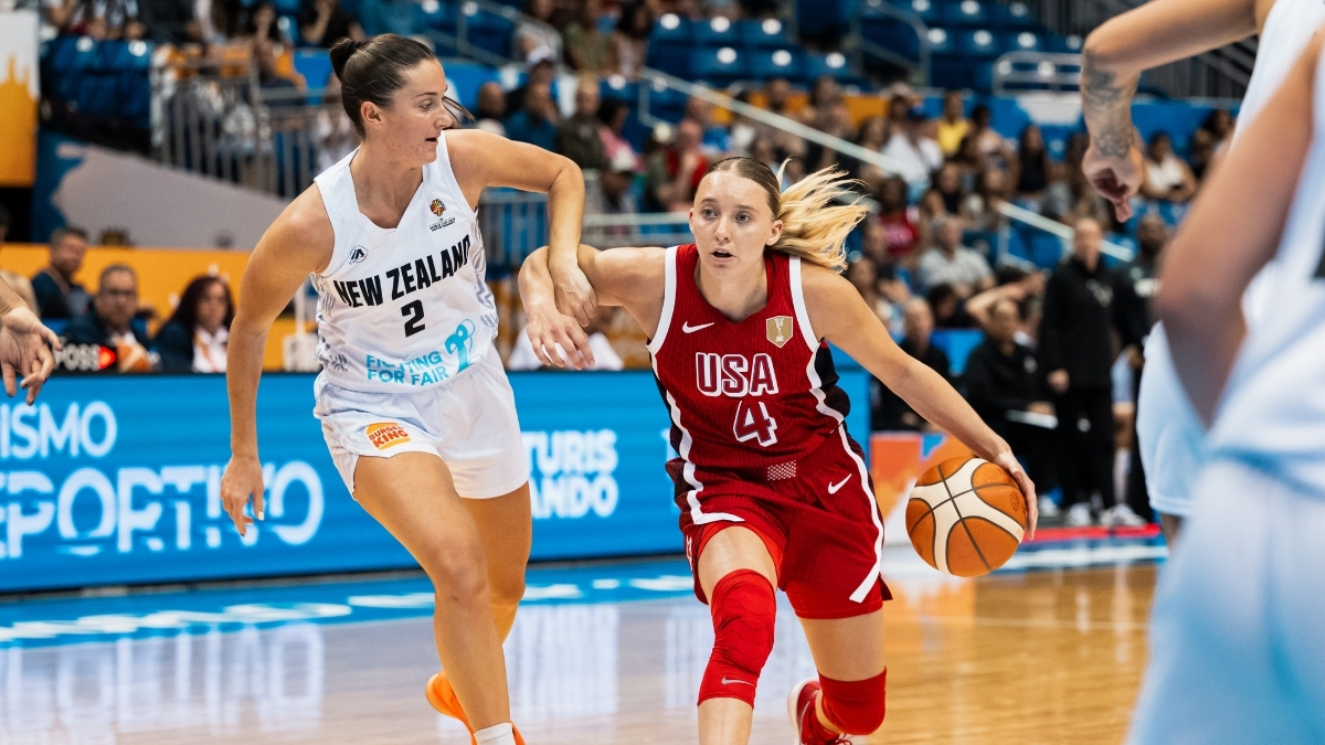 USA guard Paige Bueckers drives against New Zealand during the Women's World Cup 2026 Qualifier in Puerto Rico.