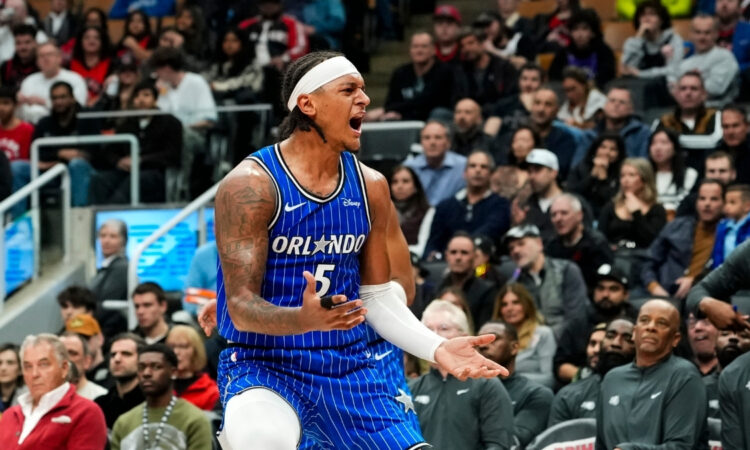 Paolo Banchero of the Orlando Magic reacts to a call during a game against the Toronto Raptors on March 29, 2026.