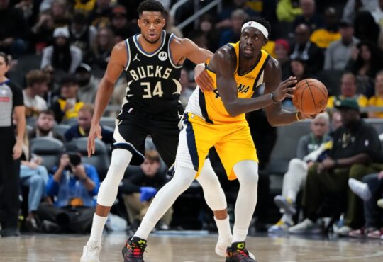 Pascal Siakam #43 of the Indiana Pacers is guarded by Giannis Antetokounmpo #34 of the Milwaukee Bucks at Gainbridge Fieldhouse on November 03, 2025.