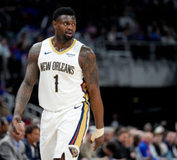 Zion Williamson #1 of the New Orleans Pelicans looking on during a game against the Detroit Pistons at Little Caesars Arena on March 26, 2026.