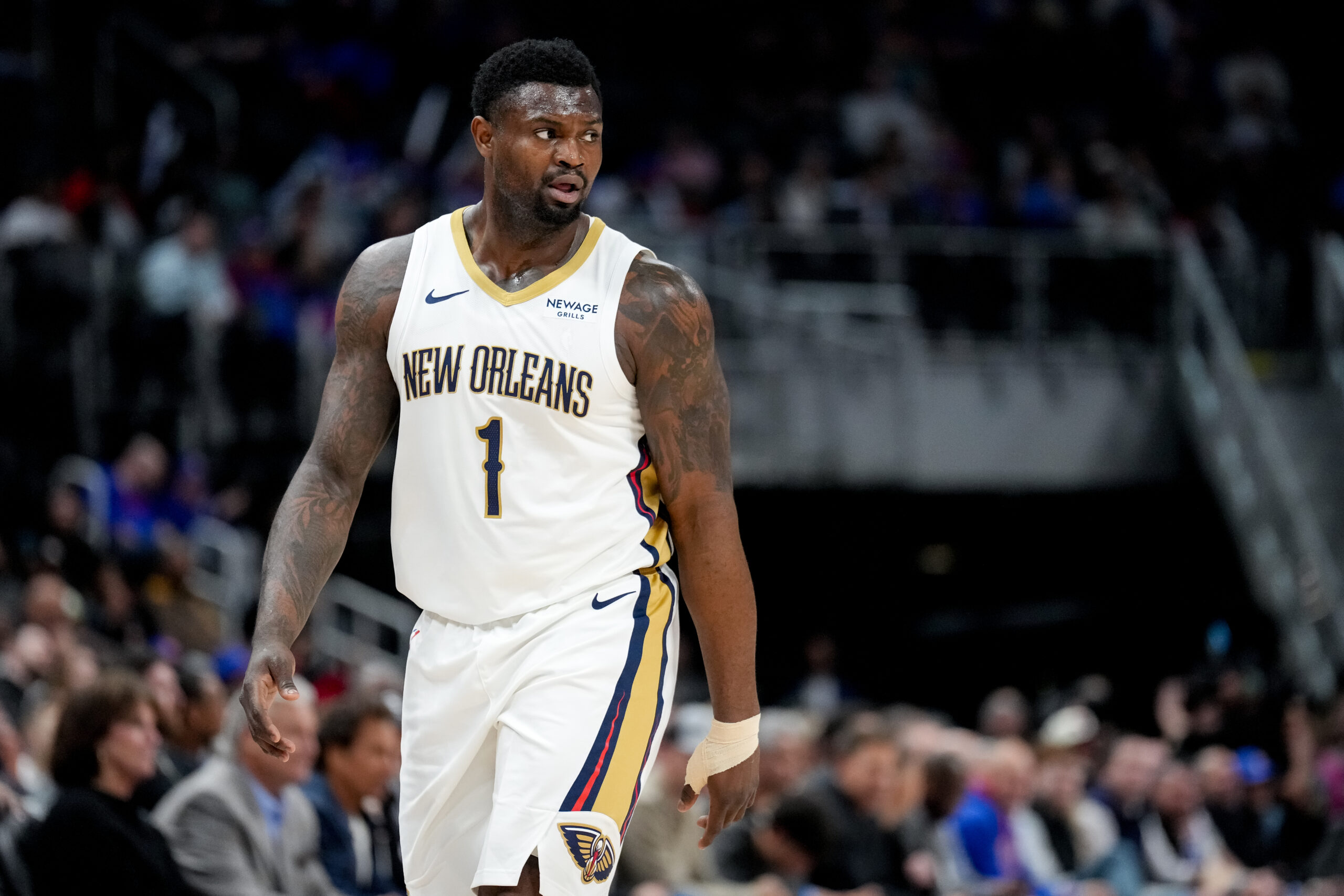 Zion Williamson #1 of the New Orleans Pelicans looking on during a game against the Detroit Pistons at Little Caesars Arena on March 26, 2026.