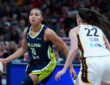 Dallas Wings guard Azzi Fudd (No. 35) drives to the basket against Indiana Fever guard Caitlin Clark (No. 22) during the 2026 preseason opener.