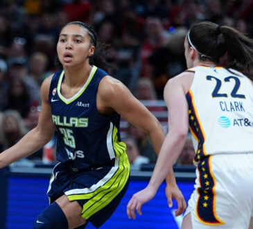 Dallas Wings guard Azzi Fudd (No. 35) drives to the basket against Indiana Fever guard Caitlin Clark (No. 22) during the 2026 preseason opener.