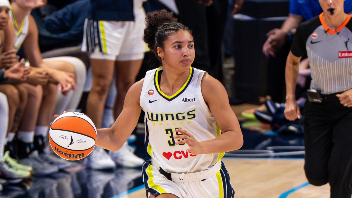 Dallas Wings rookie guard Azzi Fudd dribbling the ball up the court against the Minnesota Lynx at College Park Center.