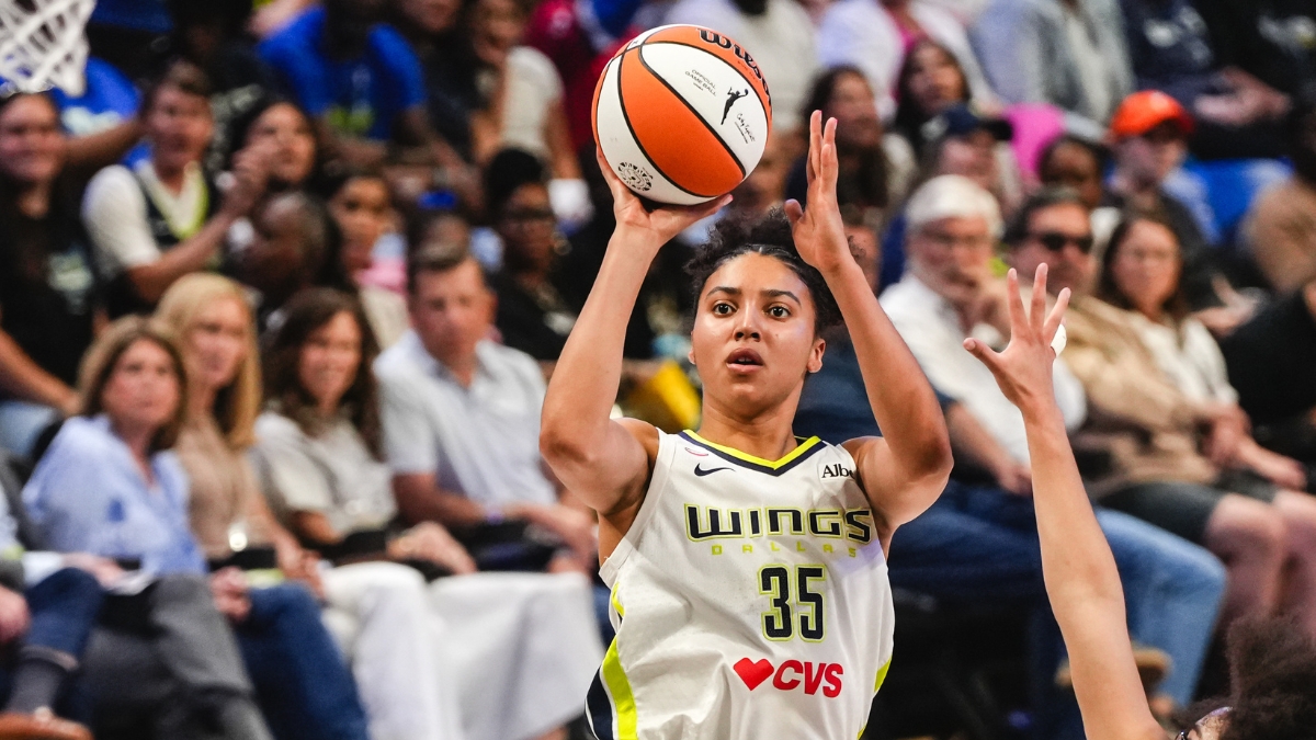 Dallas Wings rookie Azzi Fudd rising for a jump shot against the Minnesota Lynx during her home debut at College Park Center.