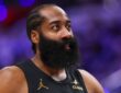 James Harden #1 of the Cleveland Cavaliers looks on during Game 1 of the Eastern Conference Second Round playoffs against the Detroit Pistons at Little Caesars Arena on May 05, 2026.