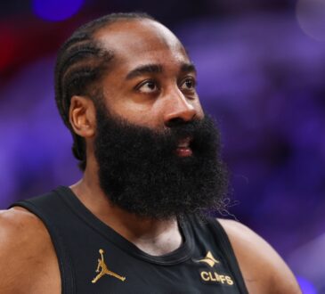 James Harden #1 of the Cleveland Cavaliers looks on during Game 1 of the Eastern Conference Second Round playoffs against the Detroit Pistons at Little Caesars Arena on May 05, 2026.