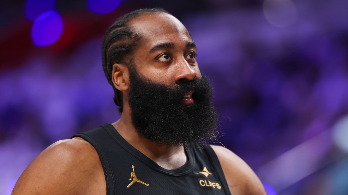 James Harden #1 of the Cleveland Cavaliers looks on during Game 1 of the Eastern Conference Second Round playoffs against the Detroit Pistons at Little Caesars Arena on May 05, 2026.