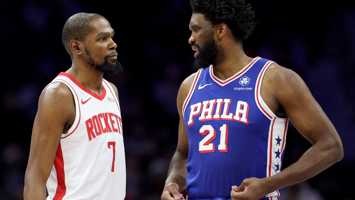 Kevin Durant #7 of the Houston Rockets and Joel Embiid #21 of the Philadelphia 76ers talk during a game at Xfinity Mobile Arena on January 22, 2026.