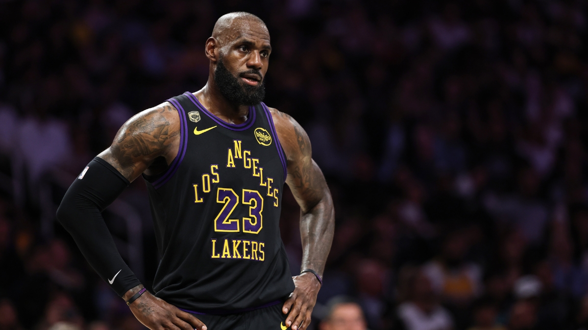 LeBron James #23 of the Los Angeles Lakers catches his breath during Game 4 of the Western Conference Second Round playoffs at Crypto.com Arena on May 11, 2026.
