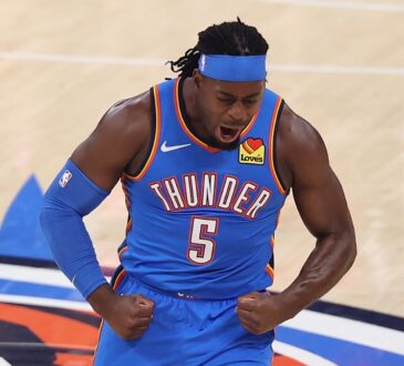 Oklahoma City Thunder forward Luguentz Dort reacts during Game 7 of the Western Conference finals
