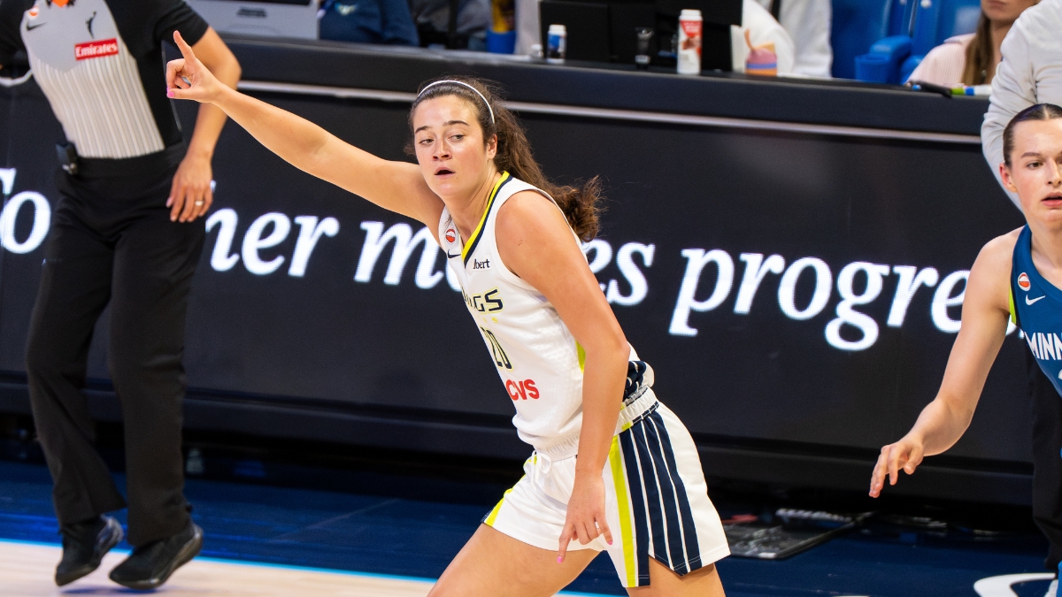 Maddy Siegrist of the Dallas Wings rising for a mid-range jump shot over Napheesa Collier of the Minnesota Lynx.