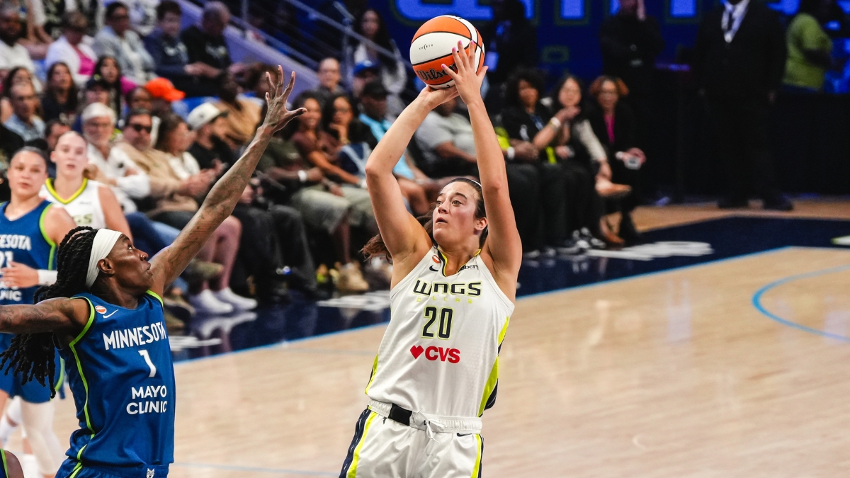 Maddy Siegrist of the Dallas Wings rising for a jump shot during a career-best scoring performance against the Minnesota Lynx.