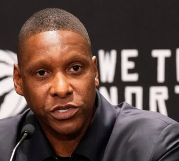 Masai Ujiri, the new President and Alternate Governor of the Dallas Mavericks, speaking during an official media session.
