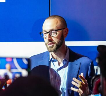 New Dallas Mavericks General Manager Mike Schmitz speaking to reporters after the 2026 NBA Draft Lottery in Chicago.