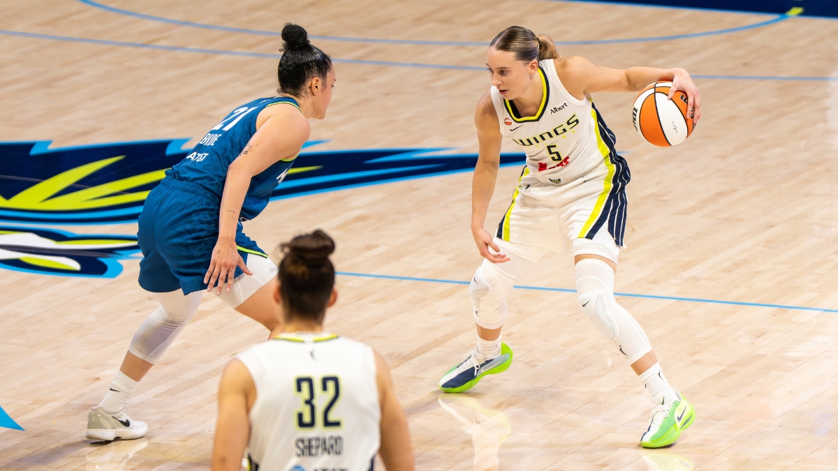 Paige Bueckers of the Dallas Wings sizing up Kayla McBride of the Minnesota Lynx off the dribble at College Park Center.
