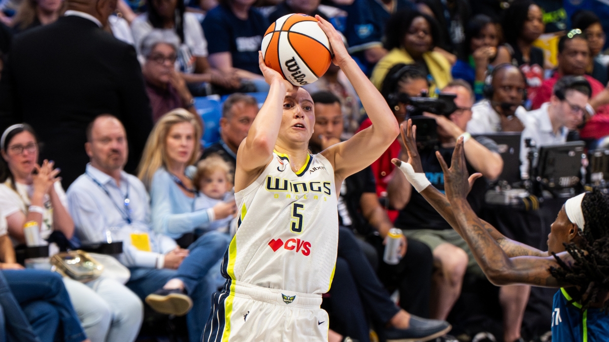 Paige Bueckers of the Dallas Wings rising for a jump shot against the Minnesota Lynx at College Park Center.
