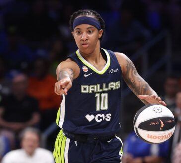 Dallas Wings guard Aziaha James controls the ball against the Seattle Storm