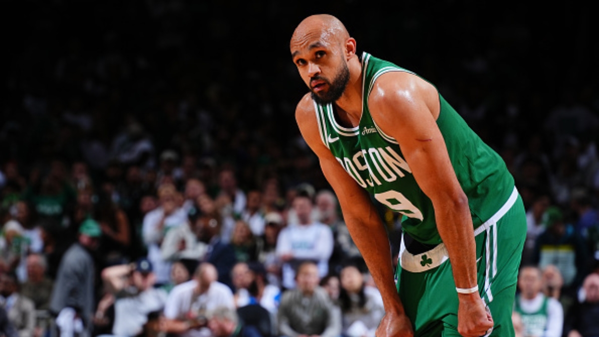 Derrick White #9 of the Boston Celtics looks on during Game 7 of the Eastern Conference First Round NBA Playoffs against the Philadelphia 76ers at TD Garden.