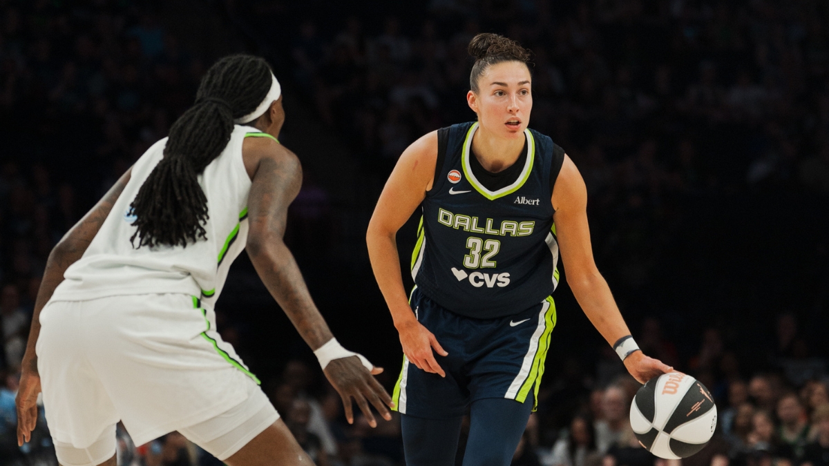 Dallas Wings forward Jessica Shepard dribbles the ball during a road game against the Minnesota Lynx