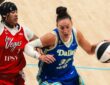 Dallas Wings center Jessica Shepard drives against Las Vegas Aces guard Kierstan Bell during a WNBA game at College Park Center in Arlington, Texas, on June 15, 2026.