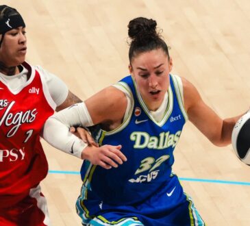 Dallas Wings center Jessica Shepard drives against Las Vegas Aces guard Kierstan Bell during a WNBA game at College Park Center in Arlington, Texas, on June 15, 2026.