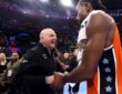 Owner Steve Ballmer of the LA Clippers congratulates Kawhi Leonard #2 after his 55-point performance against the Detroit Pistons at Intuit Dome.
