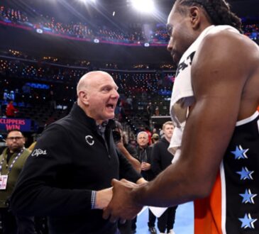 Owner Steve Ballmer of the LA Clippers congratulates Kawhi Leonard #2 after his 55-point performance against the Detroit Pistons at Intuit Dome.
