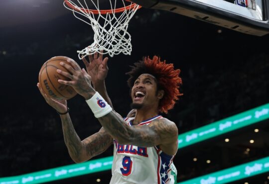 Kelly Oubre Jr. of the Philadelphia 76ers drives in for a layup against the Boston Celtics during the 2026 NBA Playoffs.
