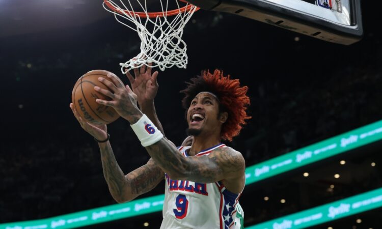 Kelly Oubre Jr. of the Philadelphia 76ers drives in for a layup against the Boston Celtics during the 2026 NBA Playoffs.