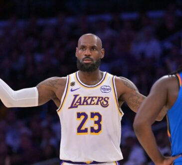 Los Angeles Lakers forward LeBron James gestures for a foul call against the Oklahoma City Thunder during the 2026 NBA Playoffs at Crypto.com Arena